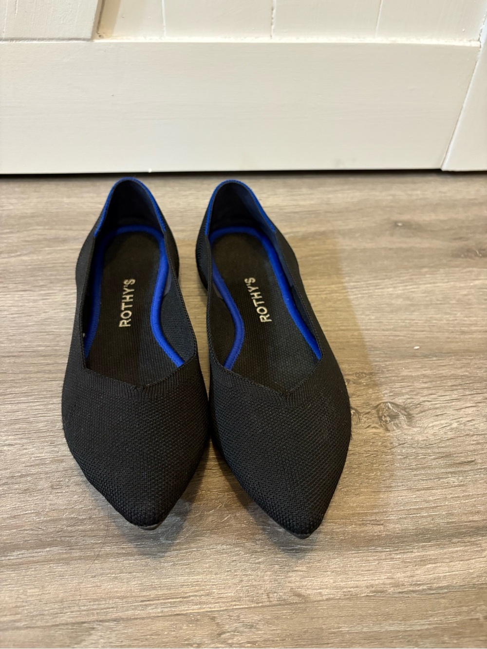 Rothy's Black Pointed Knit Flats with Blue Trim